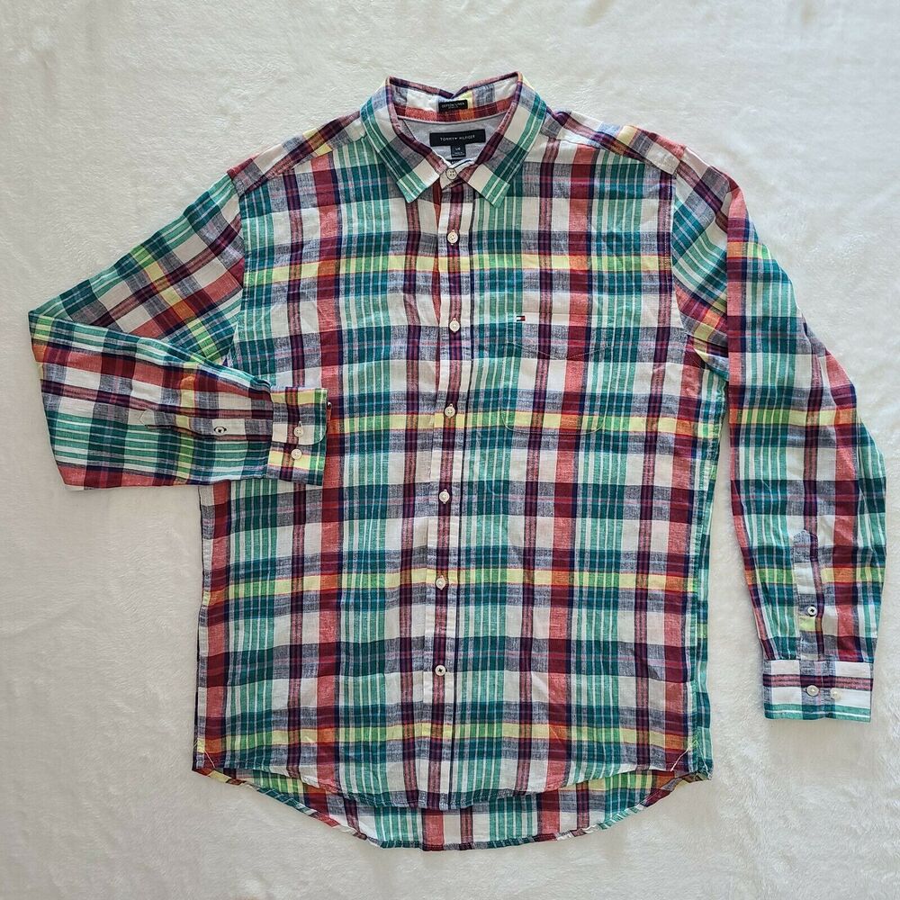 Tommy Hilfiger Men's Plaid Long Sleeve Button Down Shirt Size Large Linen Cotton